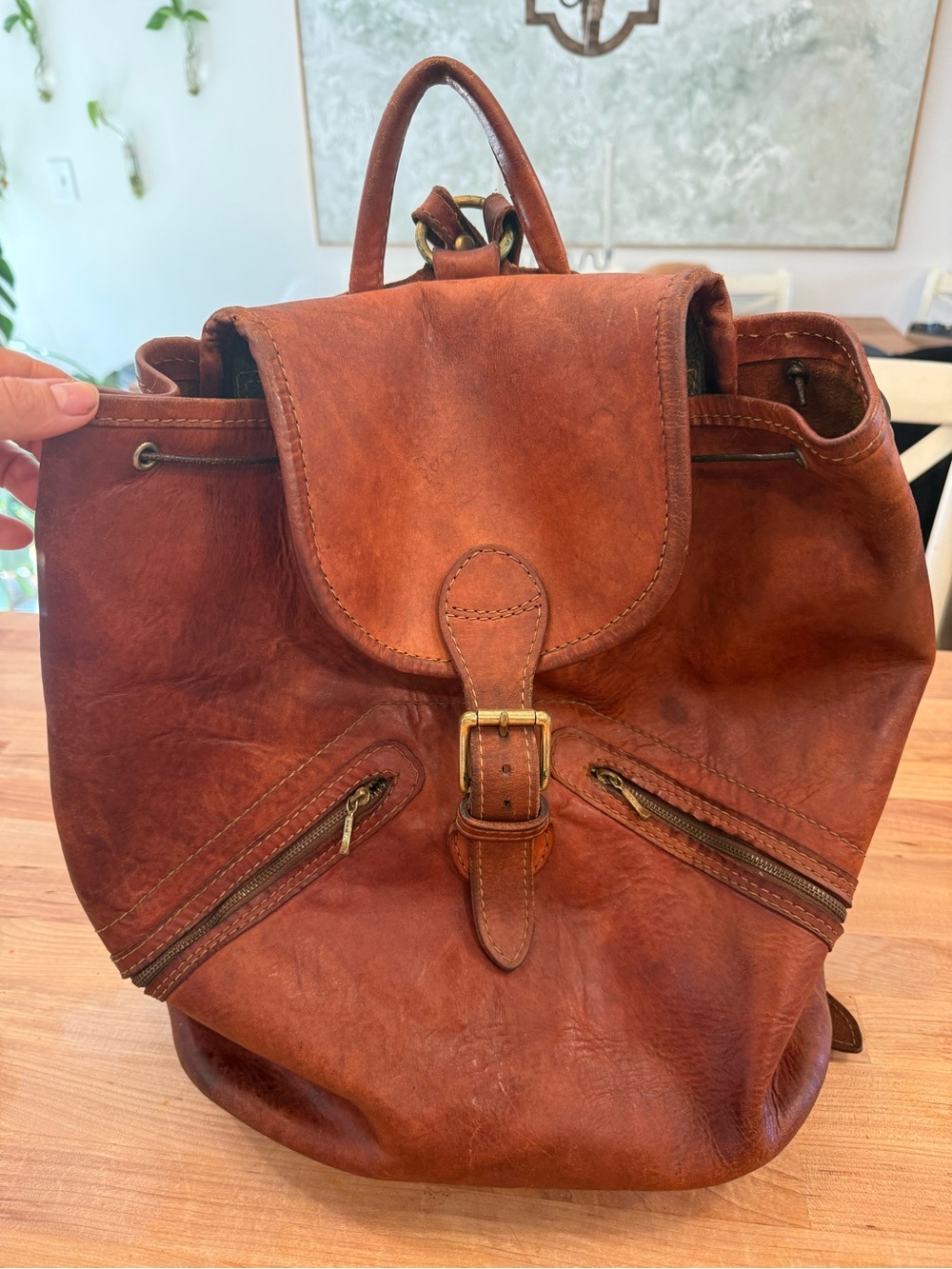 Vintage Tan Leather Backpack - Classic Distressed Leather